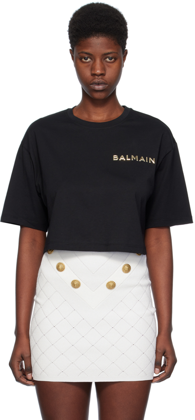 Balmain Cropped Black Cotton Jersey T-shirt In Nero Oro