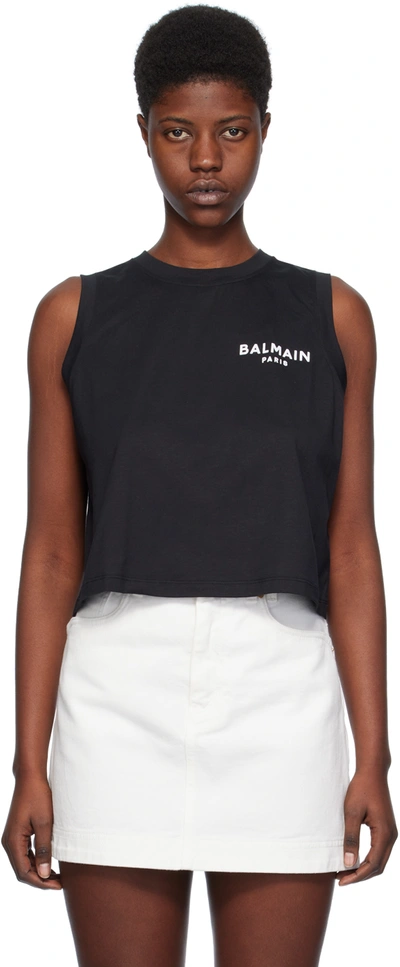 Balmain Logo-flocked Cotton Top In Eab Noir Blanc