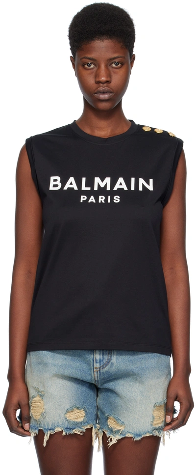 Balmain Black Drawstring Tank Top In Eab Noir/blanc