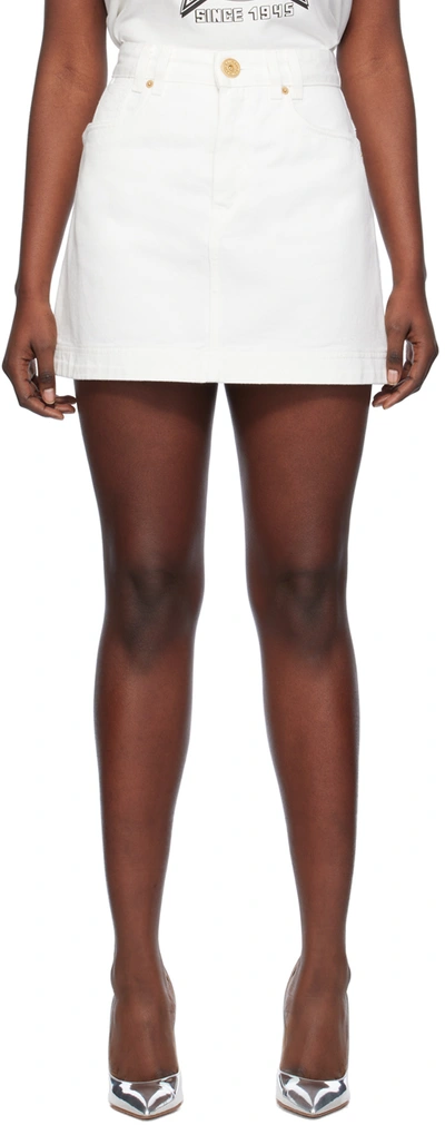 BALMAIN WHITE EMBROIDERED DENIM MINISKIRT