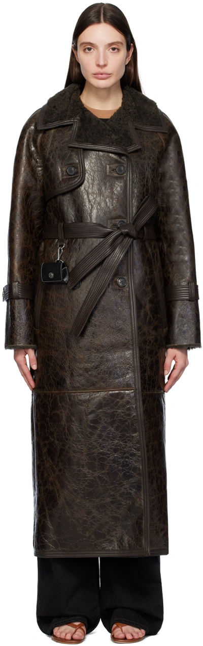 Saks Potts Brown Alexa Leather Trench Coat In Distressed Brown