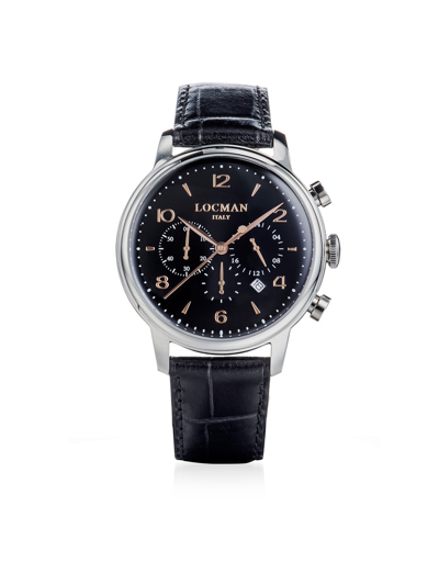 Locman Designer Men's Watches 1960 Crono Stainless Steel Black Dial Men's Watch W/leather Strap In Noir