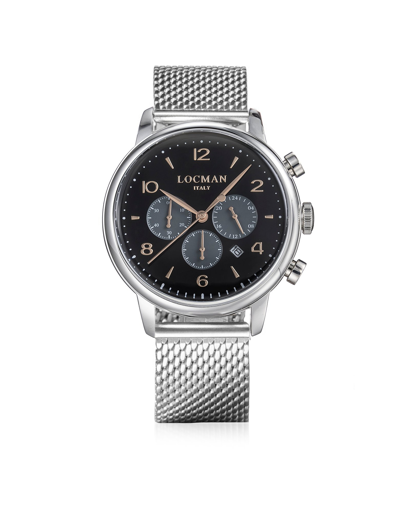 Locman Designer Men's Watches 1960 Black Dial Crono Stainless Steel Men's Watch W/milano Mesh Strap In Argenté