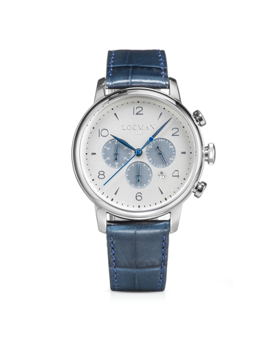 Locman Designer Men's Watches 1960 White Dial Crono Stainless Steel Men's Watch W/blue Leather Strap In Bleu