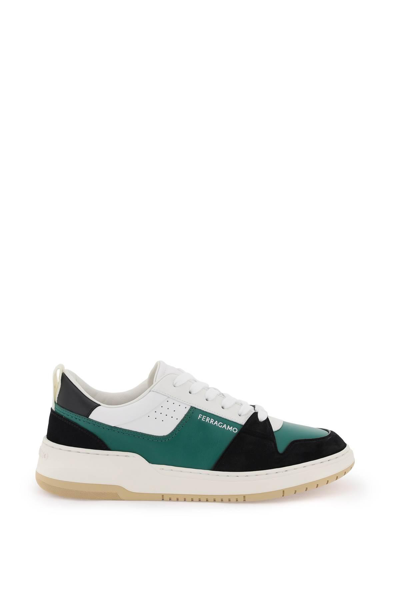Ferragamo Smooth And Suede Leather Sneakers In White,green,black