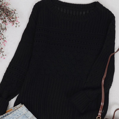 Anna-kaci Textured Crochet Knit Classic Sweater In Black