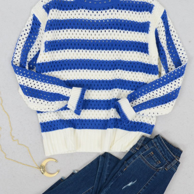 Anna-kaci Two Tone Striped Crochet Net Sweater In Blue