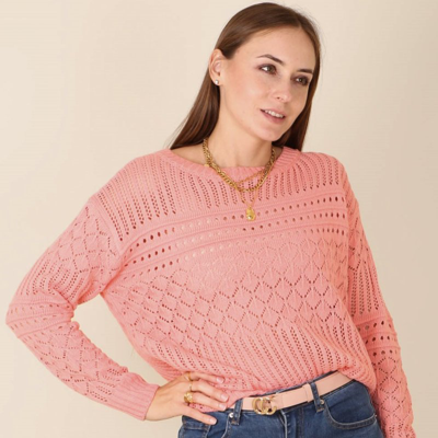 Anna-kaci Textured Crochet Knit Classic Sweater In Pink