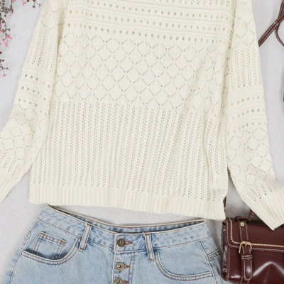 Anna-kaci Textured Crochet Knit Classic Sweater In White