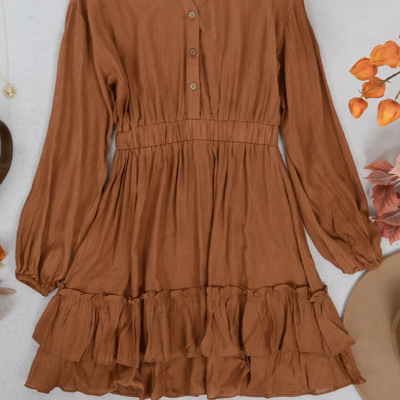Anna-kaci Mandarin Collar Tiered Ruffle Dress In Brown