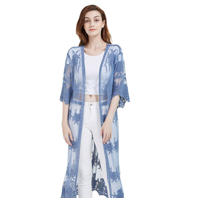 Anna-kaci Long Floral Lace Embroidered Kimono In Blue