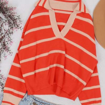 Anna-kaci Classic Striped Collared Sweater In Orange