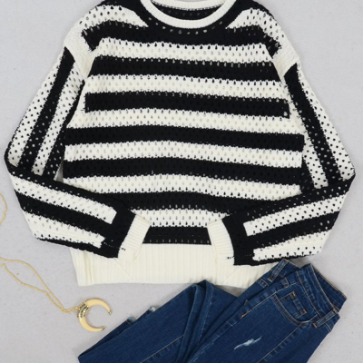 Anna-kaci Two Tone Striped Crochet Net Sweater In Black