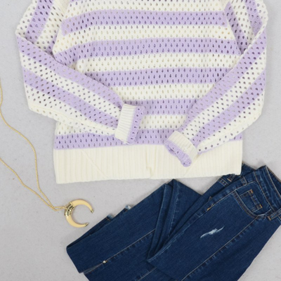 Anna-kaci Two Tone Striped Crochet Net Sweater In Purple