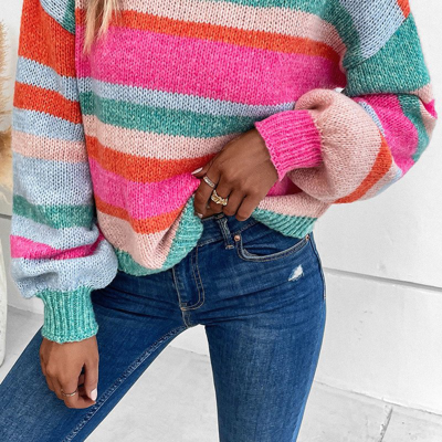 Threaded Pear Ivy Knit Drop Shoulder Puff Sleeve Sweater In Pink
