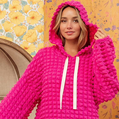Threaded Pear Brynn Bubble Textured Waffle Hoodie In Pink