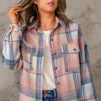 Threaded Pear Addison Plaid Flap Pockets Shacket In Pink