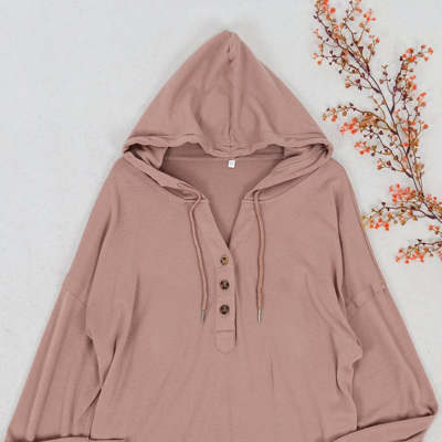 Anna-kaci Drop Shoulder Button Front Hooded Sweater In Brown