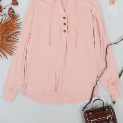 Anna-kaci Drop Shoulder Button Front Hooded Sweater In Pink