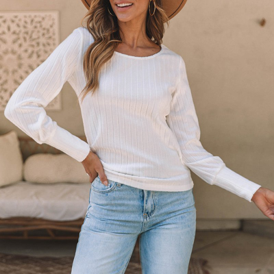 Threaded Pear Mabel Ribbed Bishop Sleeve Round Neck Top In White