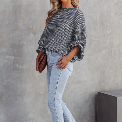 Threaded Pear Marley Heathered Knit Drop Shoulder Puff Sleeve Sweater In Gray