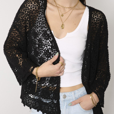 Anna-kaci Womens Short Embroidered Lace Kimono Crop Cardigan With Half Sleeves In Black