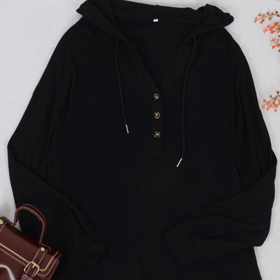 Anna-kaci Drop Shoulder Button Front Hooded Sweater In Black
