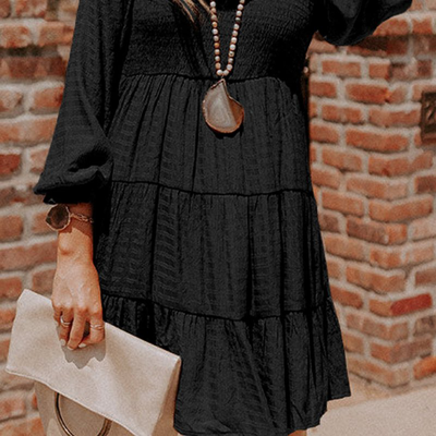 Threaded Pear Grace Bishop Sleeve Smocked Tiered Mini Dress In Black