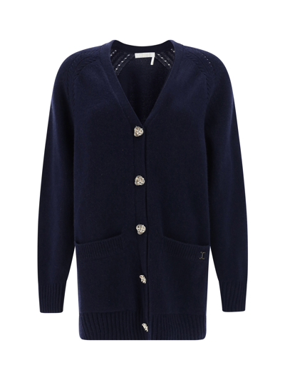 Chloé + Net Sustain Recycled Cashmere And Wool-blend Cardigan In Blue