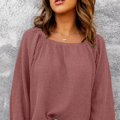 Threaded Pear Hallie Square Neck Puff Sleeve Waffle Knit Top In Pink