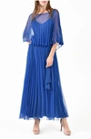 Komarov Sunburst Pleated Chiffon Blouson Midi Dress In Navy
