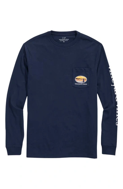 Vineyard Vines Sunset Pier Bernese Cotton Graphic Long Sleeve Tee In 406 Blue B