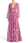 ML MONIQUE LHUILLIER MELANIE PLEATED FLORAL LONG SLEEVE CHIFFON GOWN