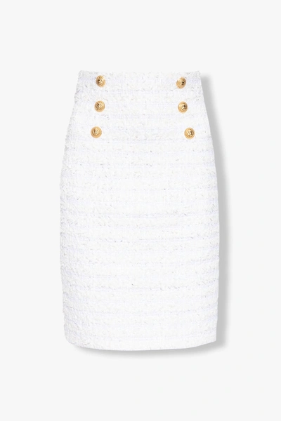 Balmain Logo Button Tweed Skirt In White