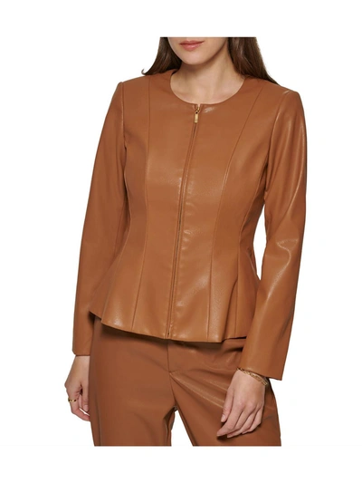 Dkny Womens Faux Leather Light Weight Soft Shell Jacket In Brown