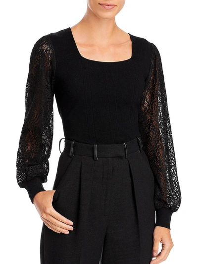 Sioni Womens Lace Sleeves Square Neck Pullover Top In Black