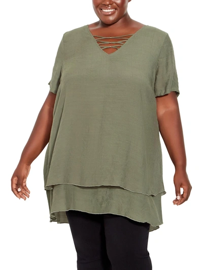 Avenue Plus Womens Caged Ruffled Trim Blouse In Green