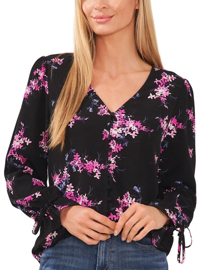 Cece Womens Floral Print Button Down Blouse In Black