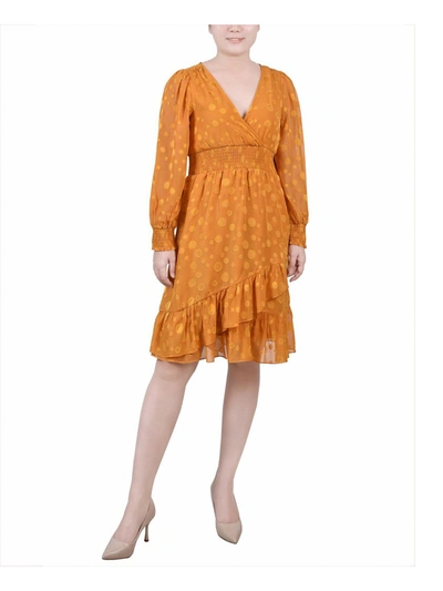 Ny Collection Petite Long Sleeve Smocked Waist Dress In Mustard Multi Dot
