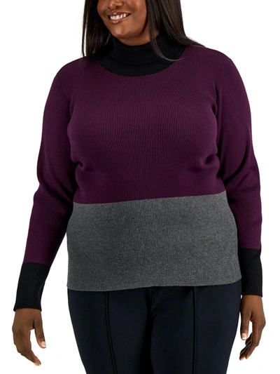 Calvin Klein Plus Womens Colorblock Ribbed Turtleneck Sweater In Multi