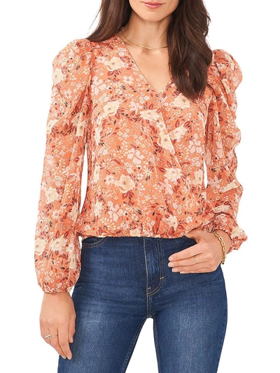 1.state Womens Floral Blouson Wrap Top In Orange