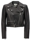 Alexander Mcqueen Black Cropped Biker Jacker With Matching Belt In Smooth Leather Woman