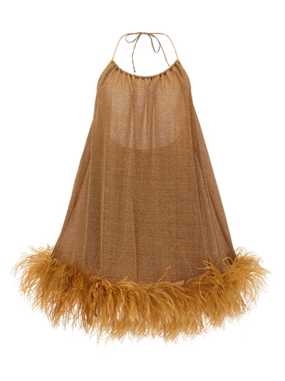 Oseree Lumière Plumage Lurex Dress - Women's - Polyamide/metallic Fibre/ostrich Feather/polyamideelastane In Gold
