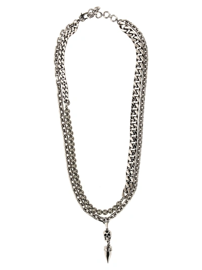 Alexander Mcqueen Pearl And Skull Stud Necklace In Silver
