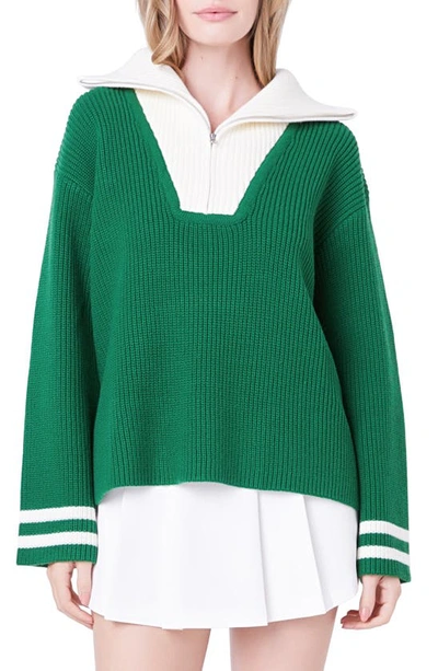 English Factory Women's Stripe Knitted Half Zip Up Sweater In Dark Green,white