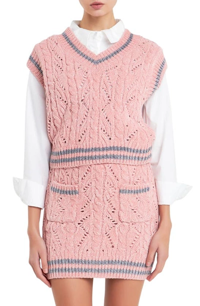 English Factory Stripe Trim Chenille Sweater Vest In Pink/ Grey
