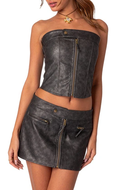Edikted Ziva Lace Up Strapless Faux Leather Corset Top In Black