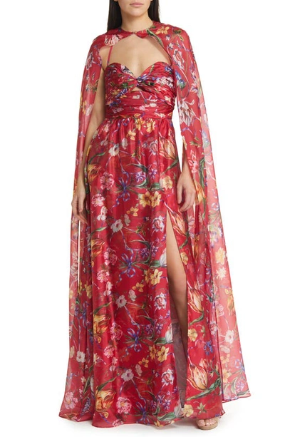 Marchesa Notte Cutout Floral-print Sweetheart Cape Gown In Fuchsia