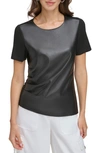 DKNY MIXED MEDIA FAUX LEATHER RUCHED T-SHIRT