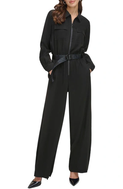 Dkny Women's Roll Sleeve Zip Front Jumpsuit In Black